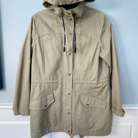 Betabrand Chore Cotton Twill Hooded Coat Khaki Morning Mess Women's Large - Picture 2 of 10